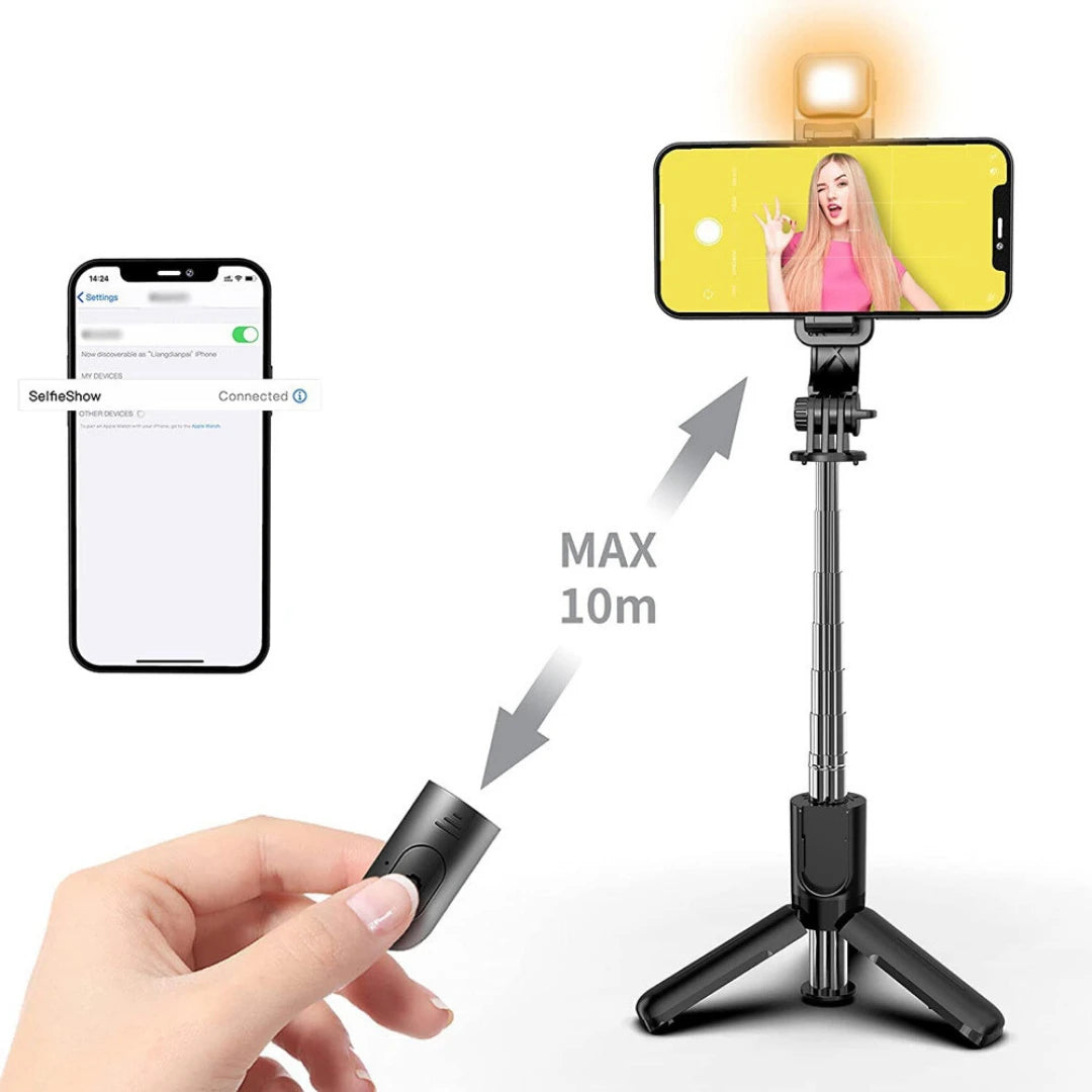 Bastão de Selfie com Tripé e LED - SelfieClick Pro praticitech.com.br