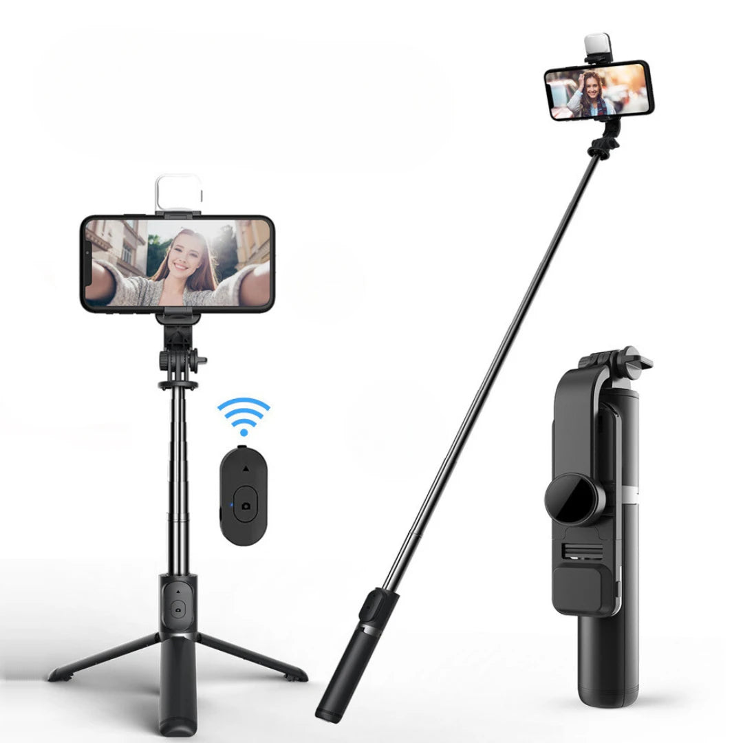 Bastão de Selfie com Tripé e LED - SelfieClick Pro praticitech.com.br