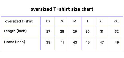 size chart oversized tshirt