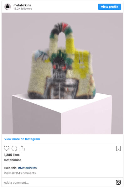 Mason Rothschild’s MetaBirkin were promoted all over social media and on blogs, websites, in addition to OpenSea (Source: Instagram)