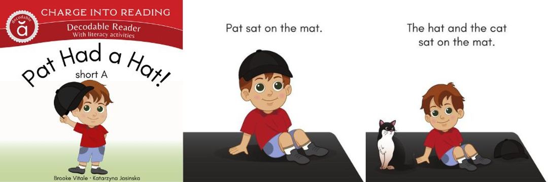 An image showing sample pages from Charge into Reading Decodable Reader Pat Had a Hat: Short A Words