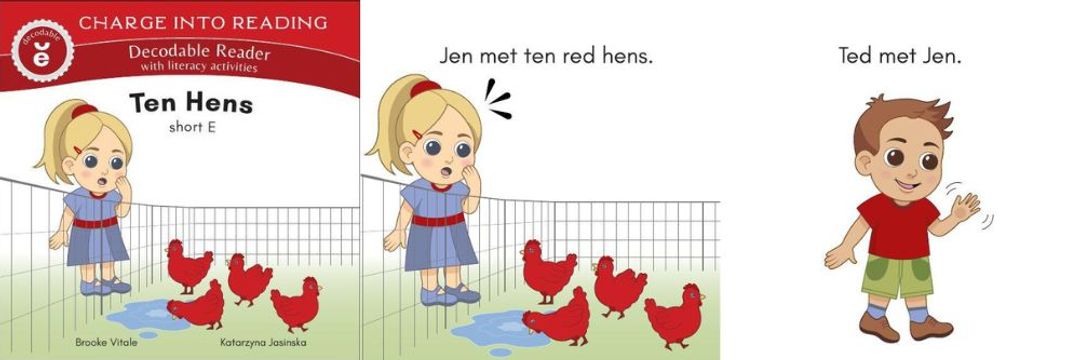 cover and two sample pages from Charge into Reading Decodable Reader Ten Hens: Short E Words