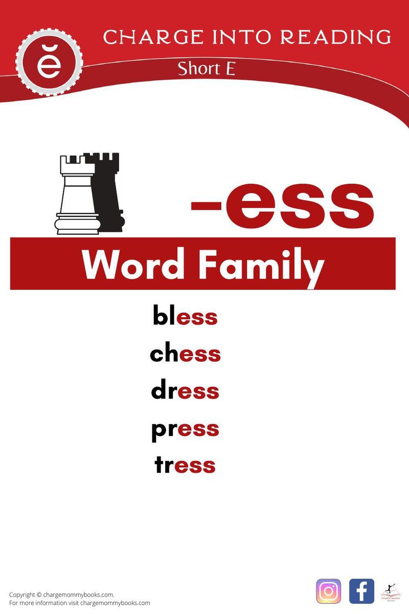 a list of short E words in the -ess word family