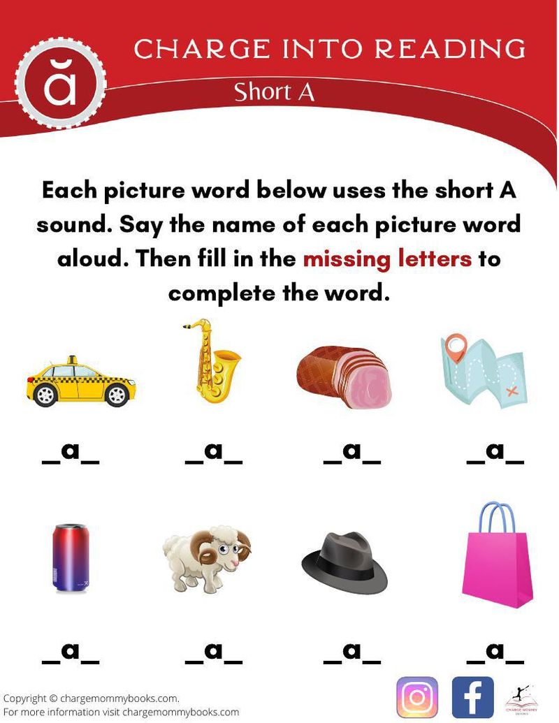 Being able to look at the common part of a set of words and figure out what letters are missing is important for building word recognition and fluency. More than teaching a child to read, the ability to sound out words and figure out what letters to use is one of the first steps in teaching a child to read or spell. This short A activity provides the short vowel sound for each word, but asks the child to identify the beginning letter (also called the “onset”) and ending letter of the word.