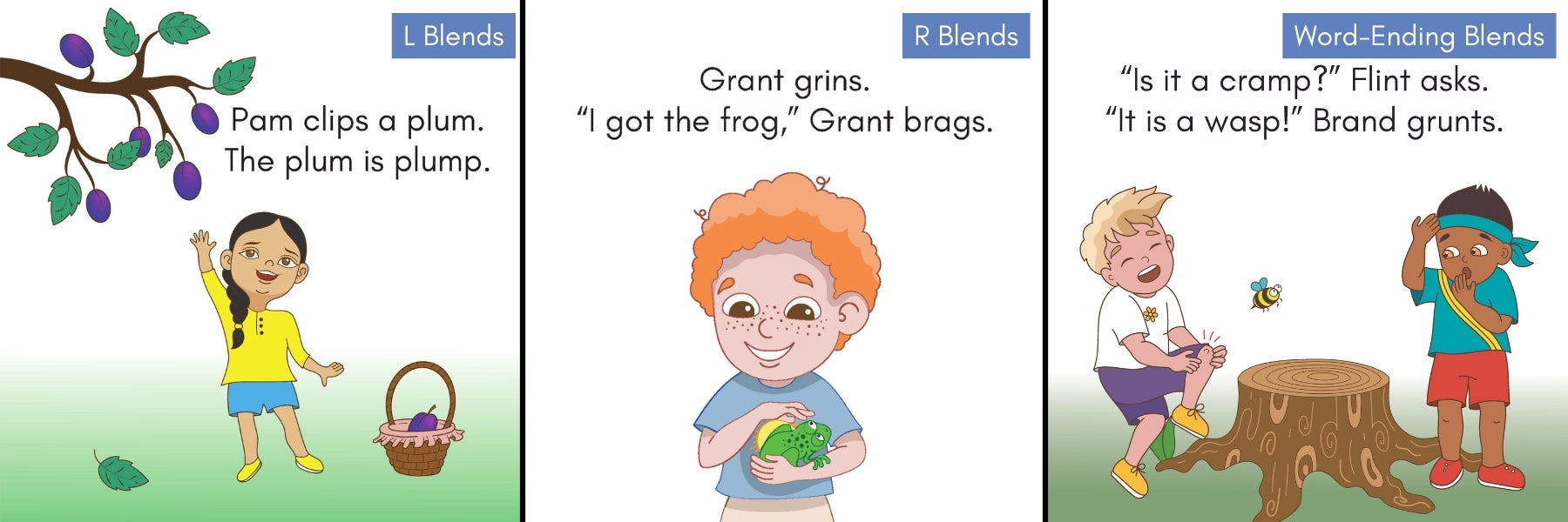 sample pages for three stories in the charge into reading consonant blends decodable reader set