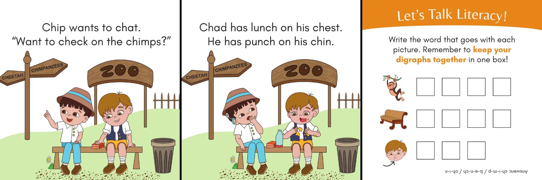 sample pages from the Charge into Reading decodable reader: Lunch: CH Words