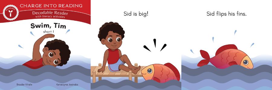 Sample pages from the Charge into Reading Decodable Reader book Swim, Tim: Short I Sounds