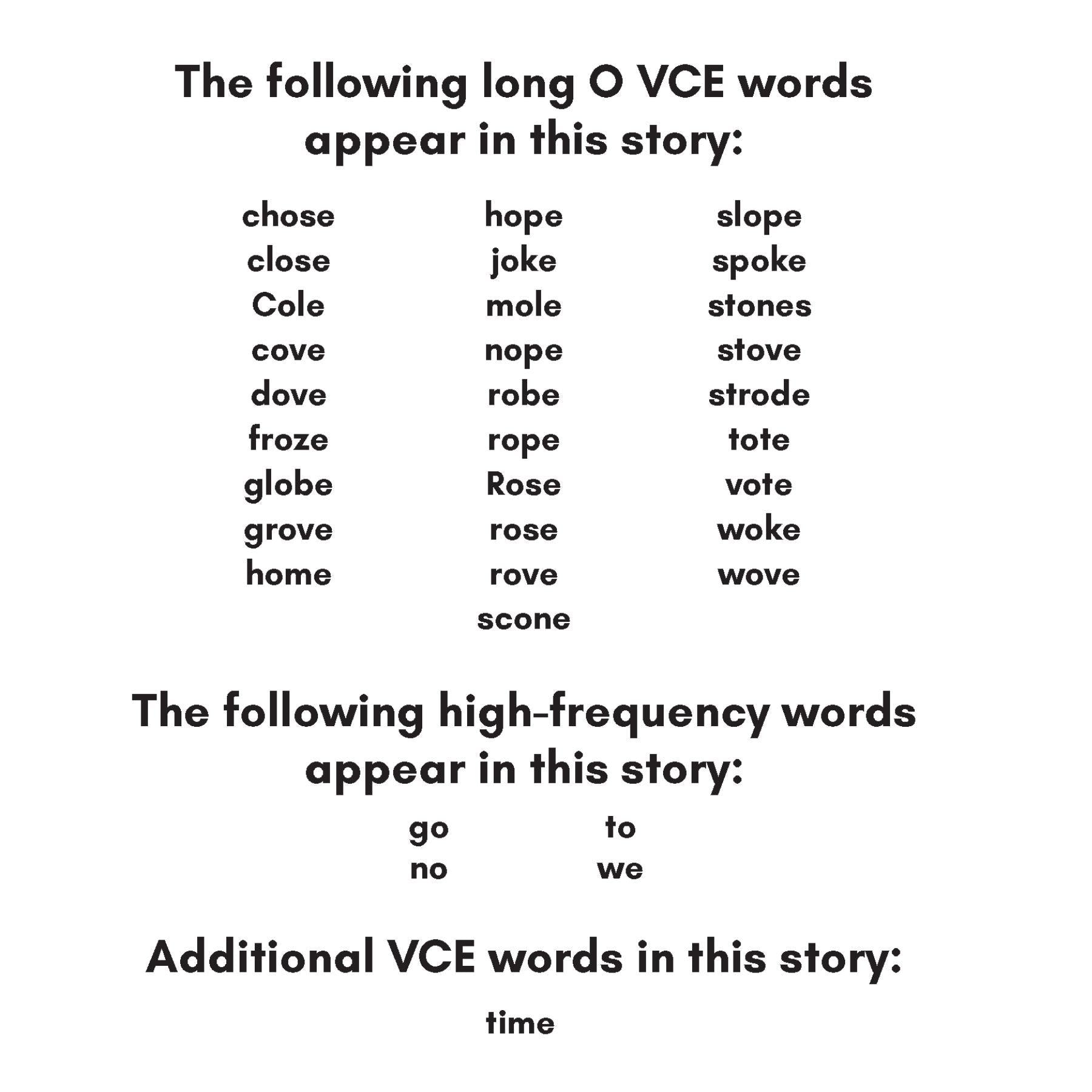 The word list from Charge into Reading The Cove: Long O VCE Decodable Reader by Brooke Vitale