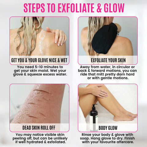 how to infographic pictures with steps using the exfoliating glve correctly