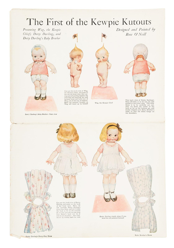 A page with colored cutouts of Kewpie dolls, from a book by Rose O'Neill. The figures intended to be cut out and glued together as double-sided paper dolls