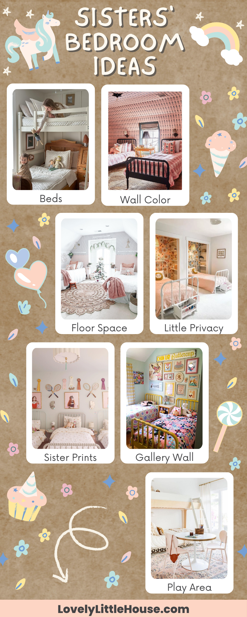 An infographics about 7 sisters' bedroom ideas for a cozy shared space