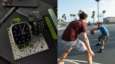 On the left, a silicone watch band designed for Apple Watches, and on the right, an image portraying sports activities, emphasizing the band's suitability for individuals with an active and sporty lifestyle.