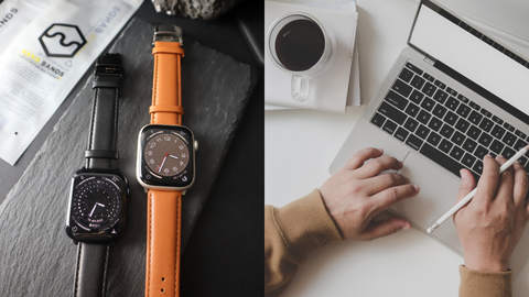 On the left, a refined leather watch band designed for Apple Watches, and on the right, an image portraying professionals at work, emphasizing the band's suitability for formal and business settings.