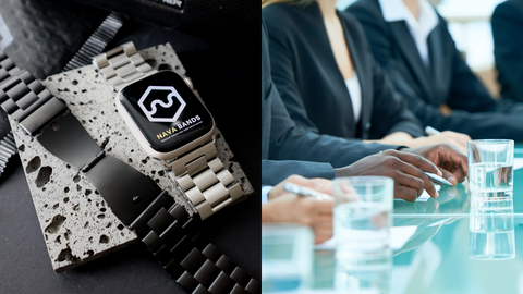 A stainless steel Apple Watch band showcased on the left, accompanied by an image portraying a professional meeting on the right, highlighting its suitability for formal occasions.