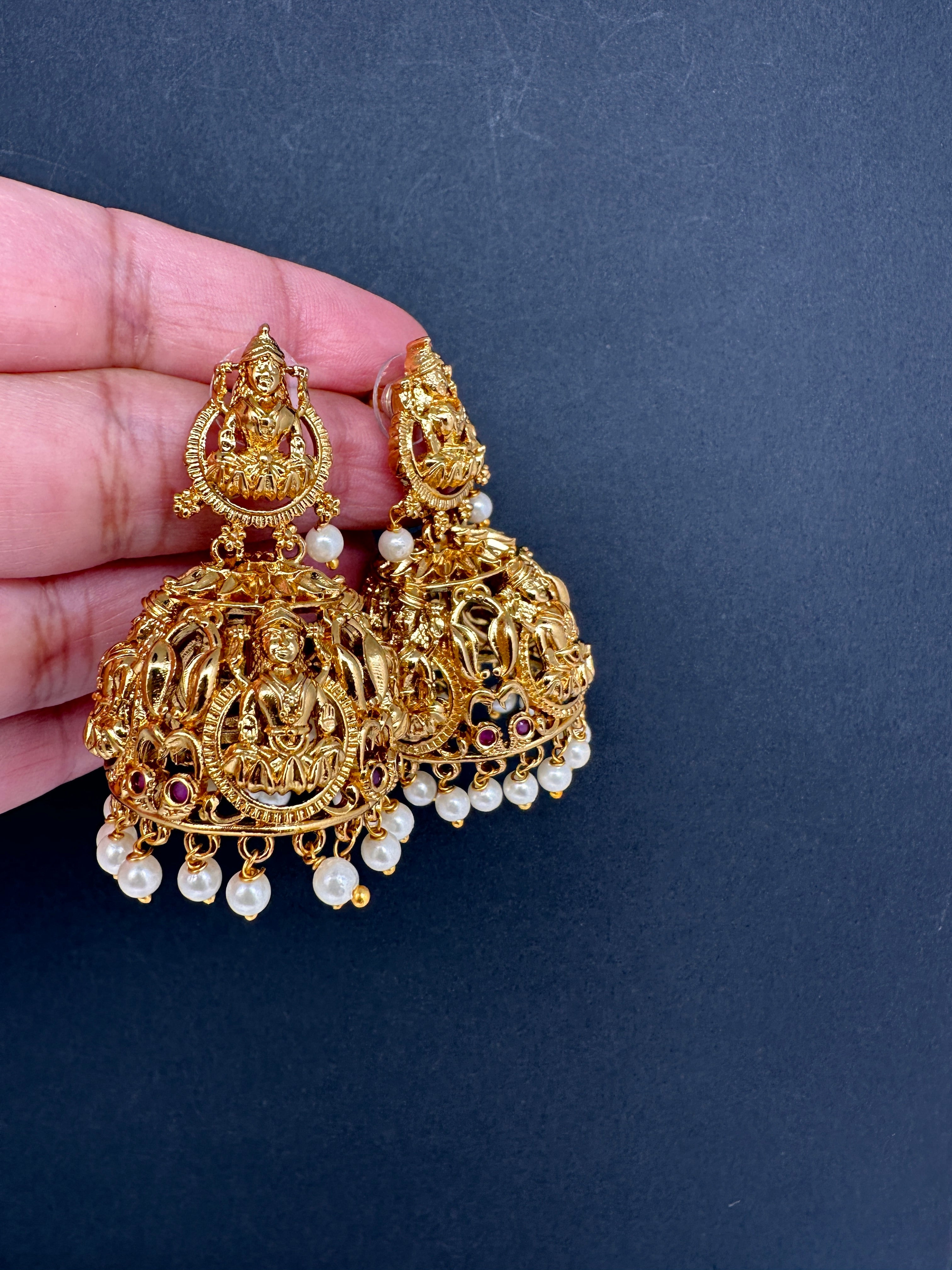 Lakshmi Devi Festive Bridal Chaandbali Earrings: Antique Gold with AD –  Happy Pique