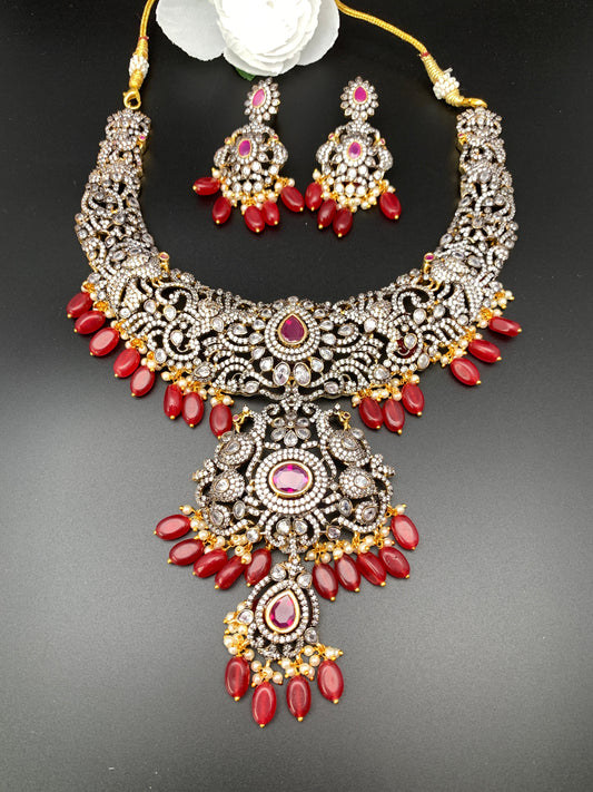 Red Stone AD Victorian Polish Pendent and Red Crystal Beads Pearls Nec –  Sheetal's FabFashion