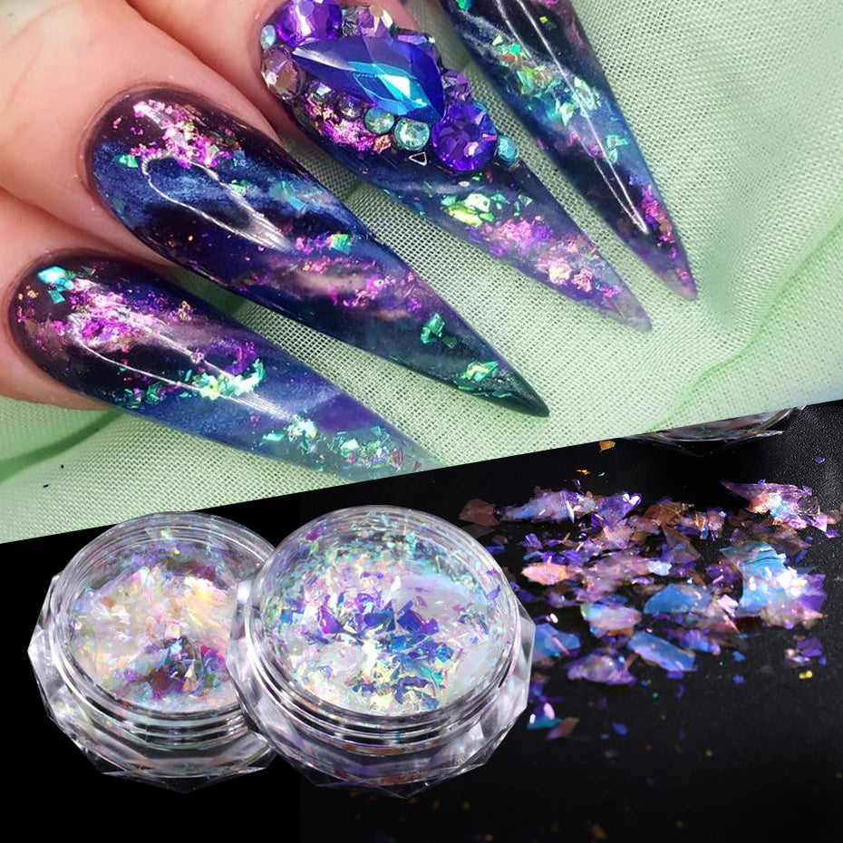 Tineit 0.1g Fire Opal Crystal Sequins Nail Flakes Holographic Aurora Brocade Chrome Spangles Summer Feather Glitter Manicure Decoration