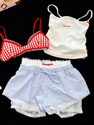 Tineit Woman New Korean Fashion Lace 4 Piece Set Spicy Girls Y2k Elastic V Neck Sling Plaid Top + Casual  Bow Short Pants Chic - Tineit