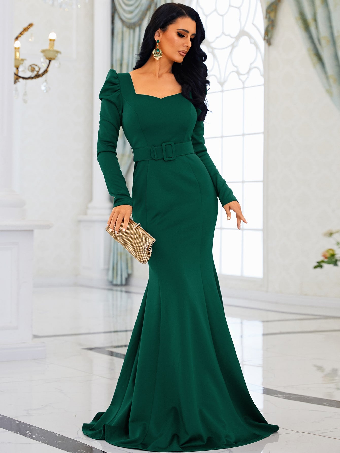 Missord Sweetheart Neck Puff Sleeve Belted Maxi Formal Dress - Shein ...