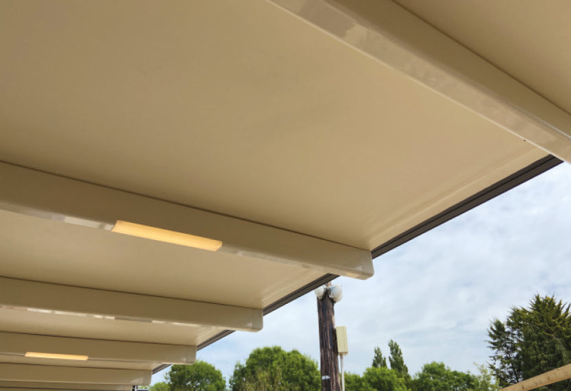 Personalise your garden room with a remote controlled retractable roof pergola, with lights!