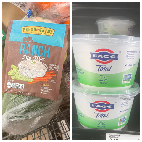 Ranch dip mix with low fat plain Greek yogurt is a high protein snack option