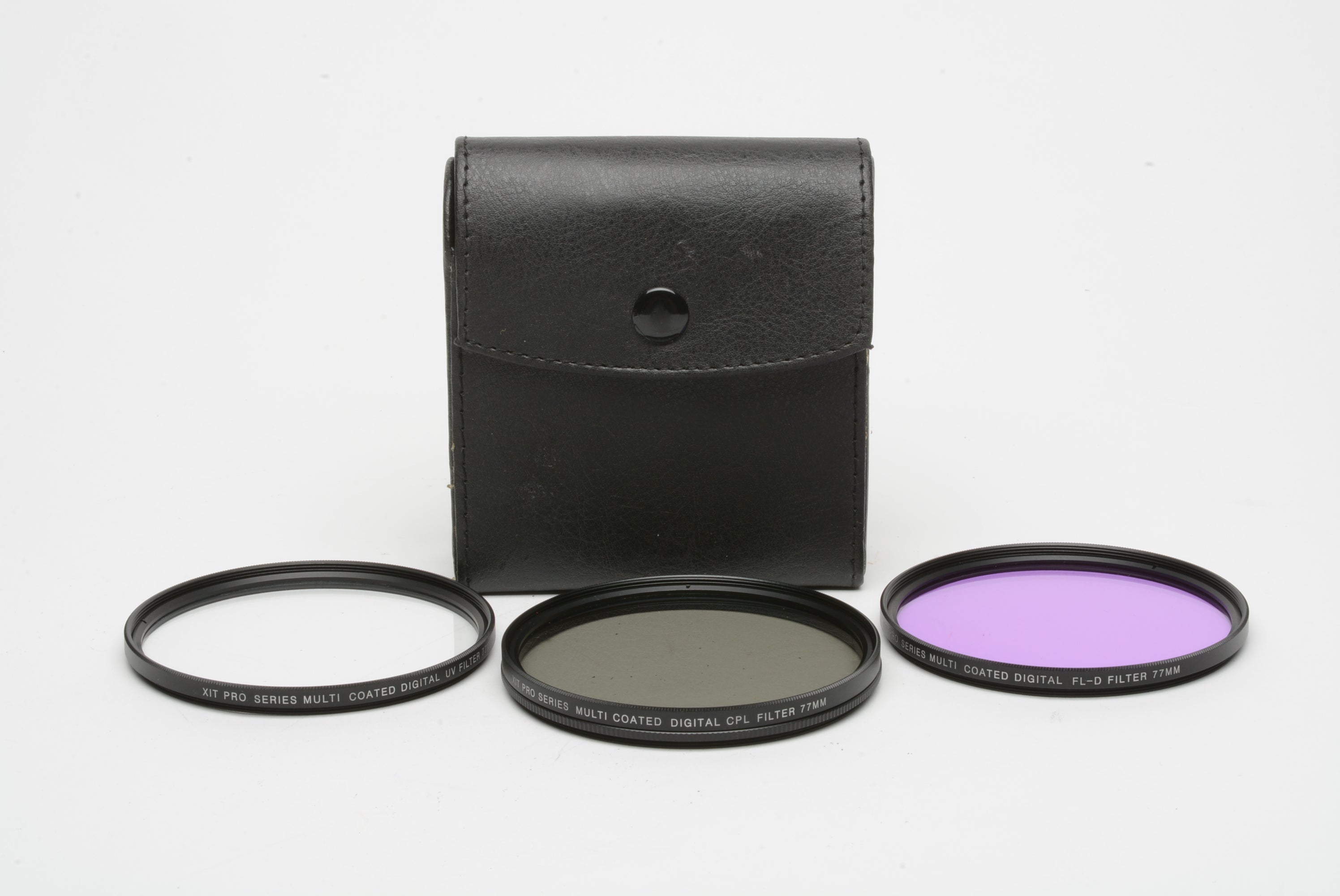 Set of 3 XIT Pro Series 77mm Filters: UV, FLD and Circular Polarizing, in case, Mint