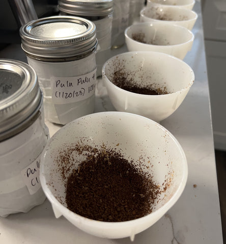 Tasting station with various ground coffee