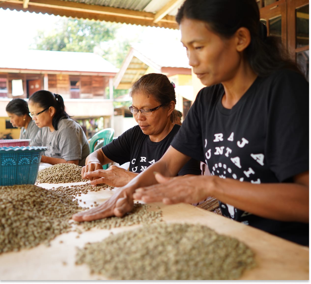 Villagers sorting beans