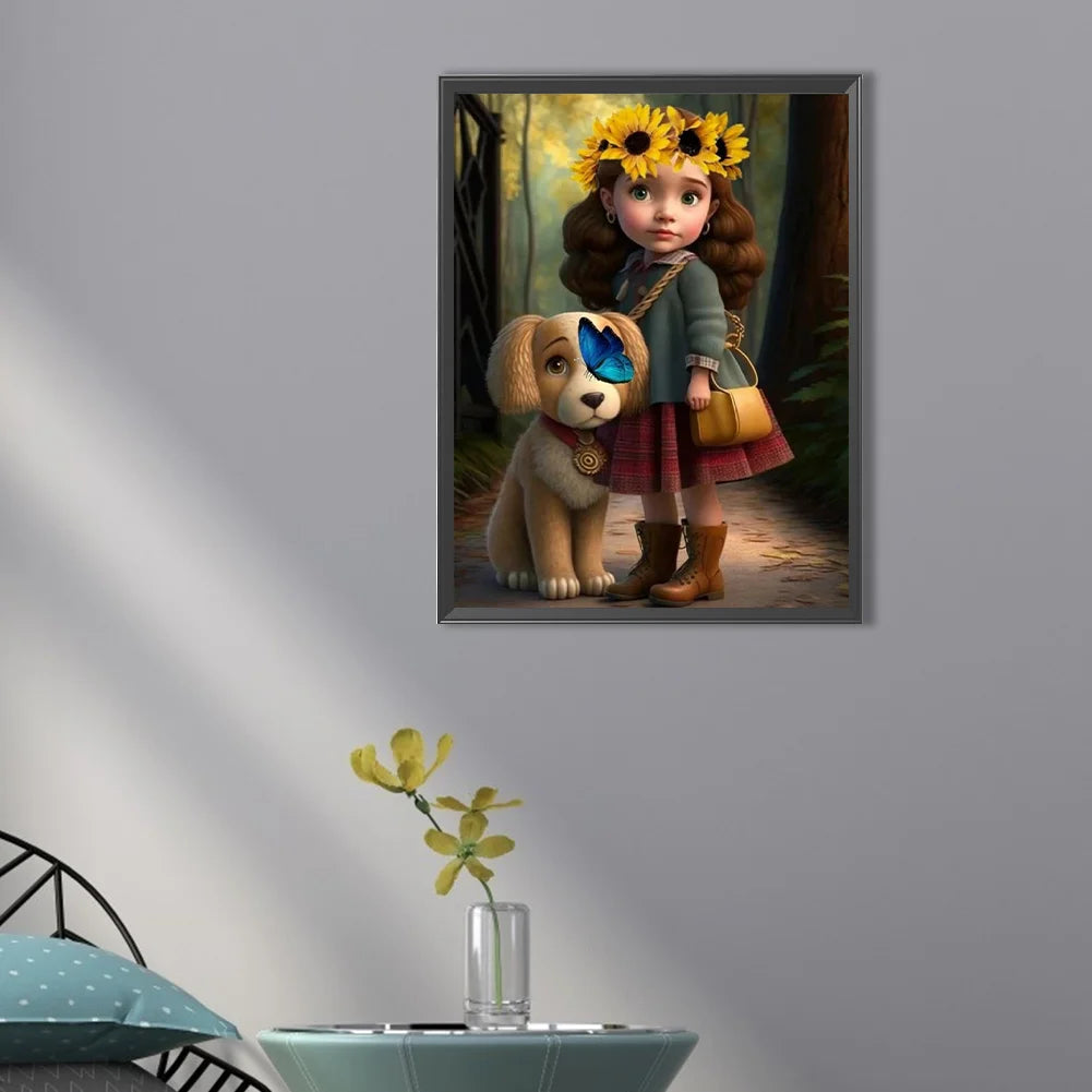 Diamond Painting Full Drill Two Sunflower Girl With Dog