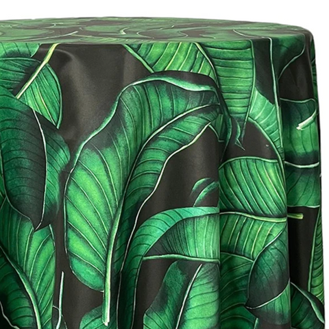 Black and green leaf print table linen