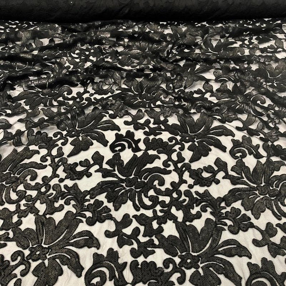 Black Floral Lace, Fabric By The Yard, Black Lace Fabric 