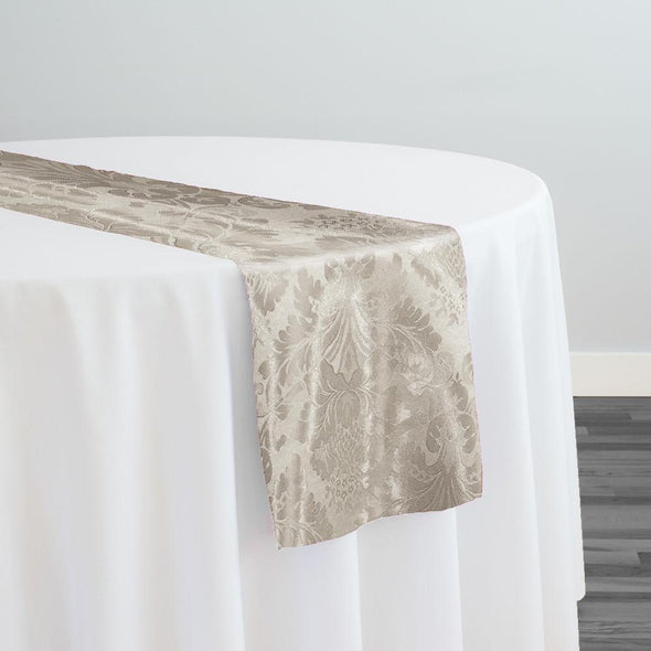 Black & white damask runner with white tablecloths, white spandex