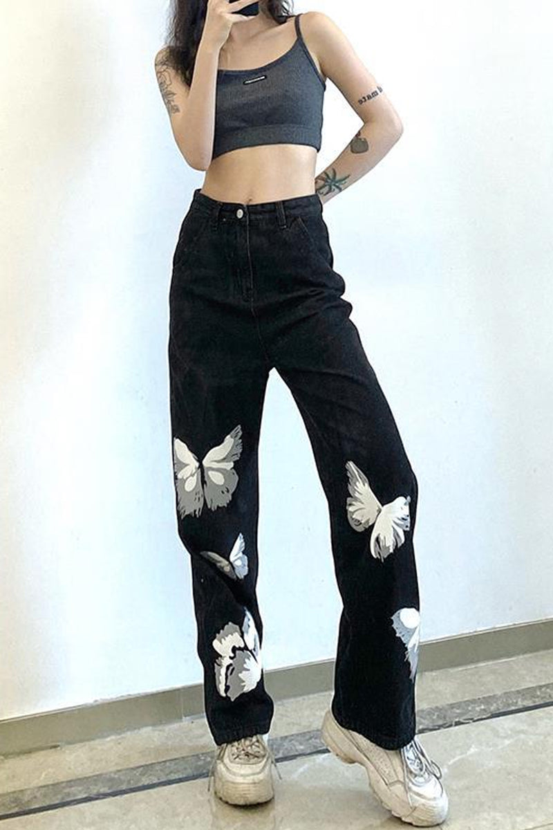 High Waist Butterfly Pattern Black Jeans Pants – Nada Outfit Land