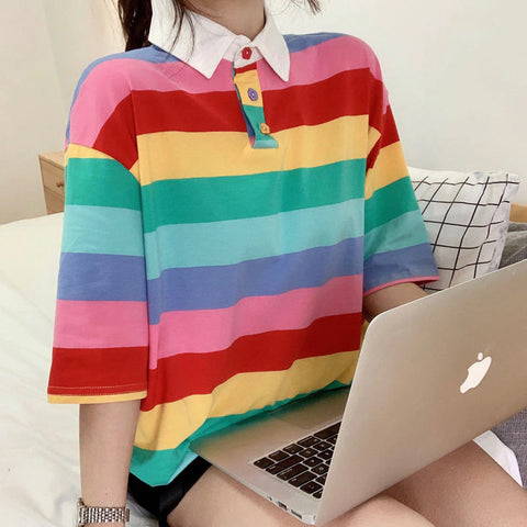 Colorful Rainbow Striped Collar Shirt – Nada Outfit Land