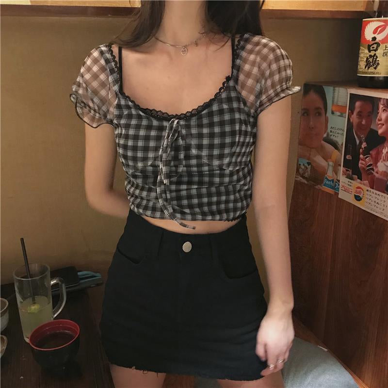 Square Collar Chiffon Plaid Crop Tops – Nada Outfit Land