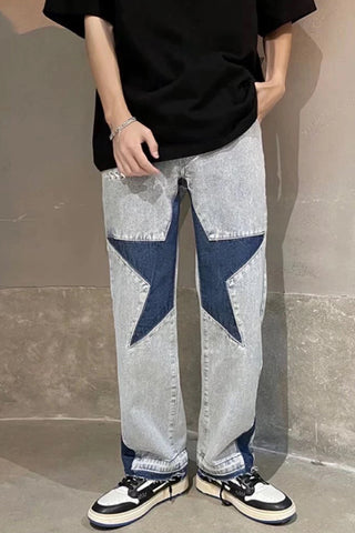 Star Embroidery Patchwork Men Denim Long Pants – Nada Outfit Land