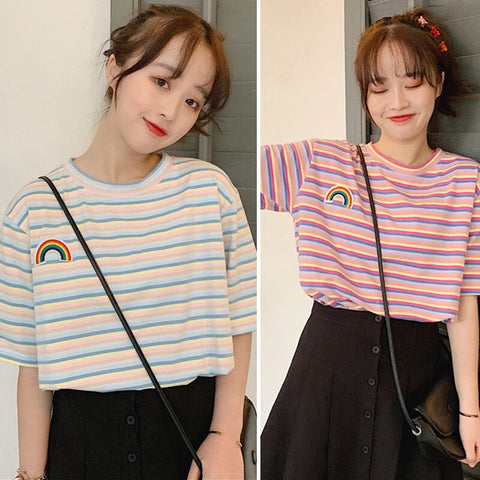 Rainbow Embroidered Striped Short Sleeve Shirt – Nada Outfit Land