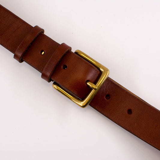 Golden square solid brass buckle - light brown leather belt - 3.5