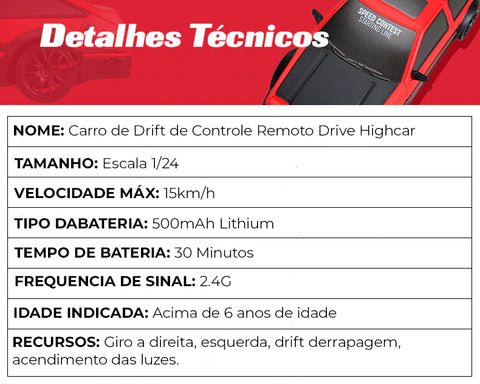 Carro de Controle Remoto Drift GT + Brindes