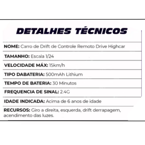 Carrinho de Drift de Controle Remoto Drive Highcar – Mais um pedido !