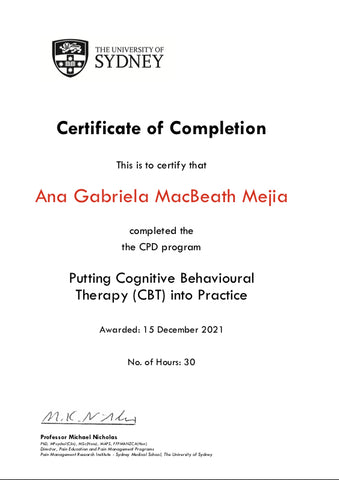 Diploma terapia cognitivo conductual en manejo del dolor de la doctora Ana MacBeath