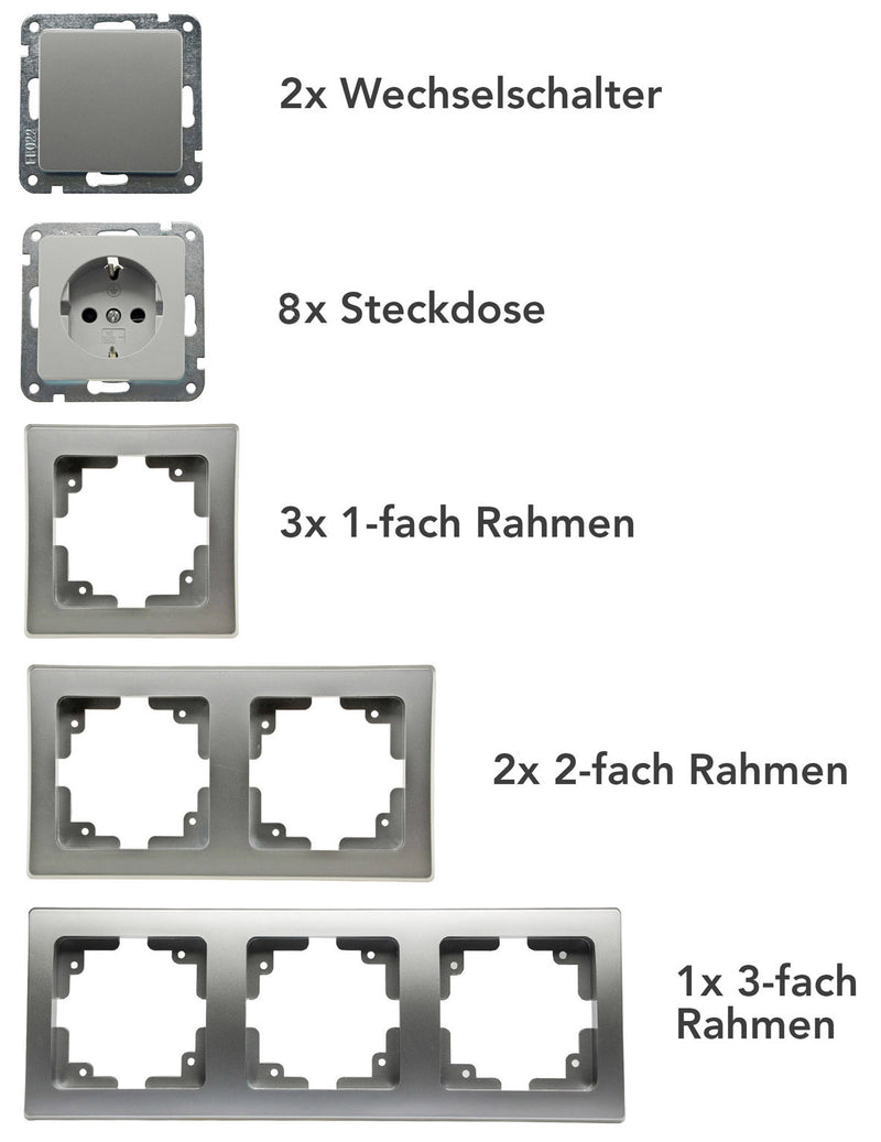 DELPHI Starter-Kit, 16-tlg "PRO", Silber 8x Steckdose, 2x Schalter, Klemmanschluß