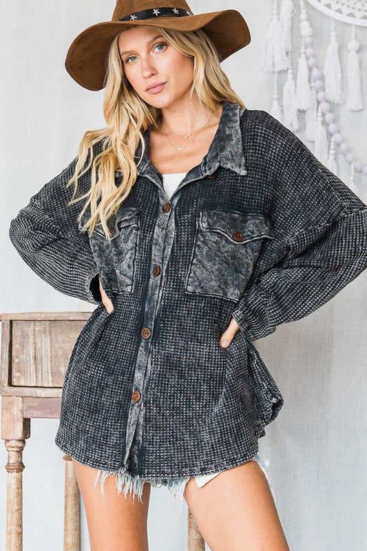 Mackenzie Waffle Knit Shacket Black with Stone Wash Hello Color