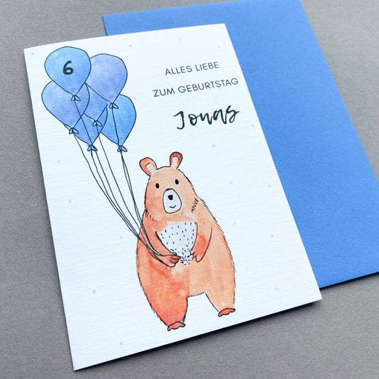 Geburtstagskarte rosa - Baby Pinguin mit Luftballons
