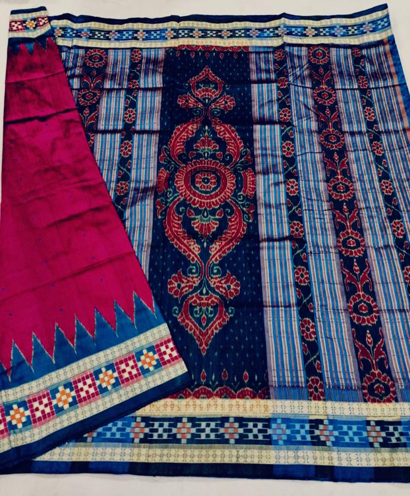 Blue Maroon Tribal Ikat Sambalpuri Pasapalli Silk Saree - Sanskriti Cuttack