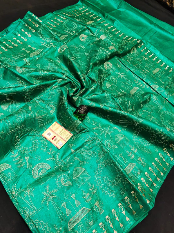 Tribal art buta embroidered pure tussar silk saree