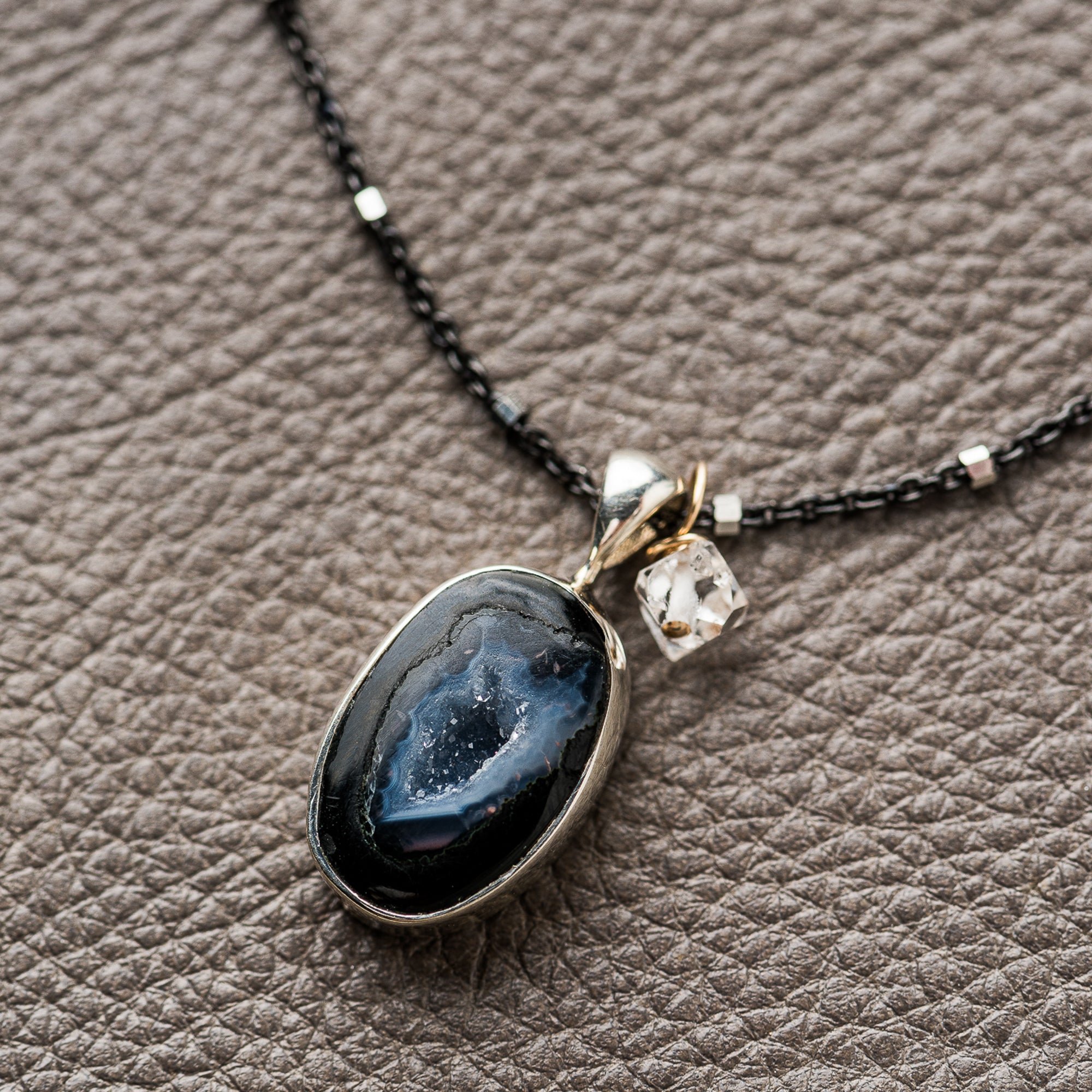 Black Geode Necklace with Herkimer Diamond on Satellite Chain - Original Hardware product image