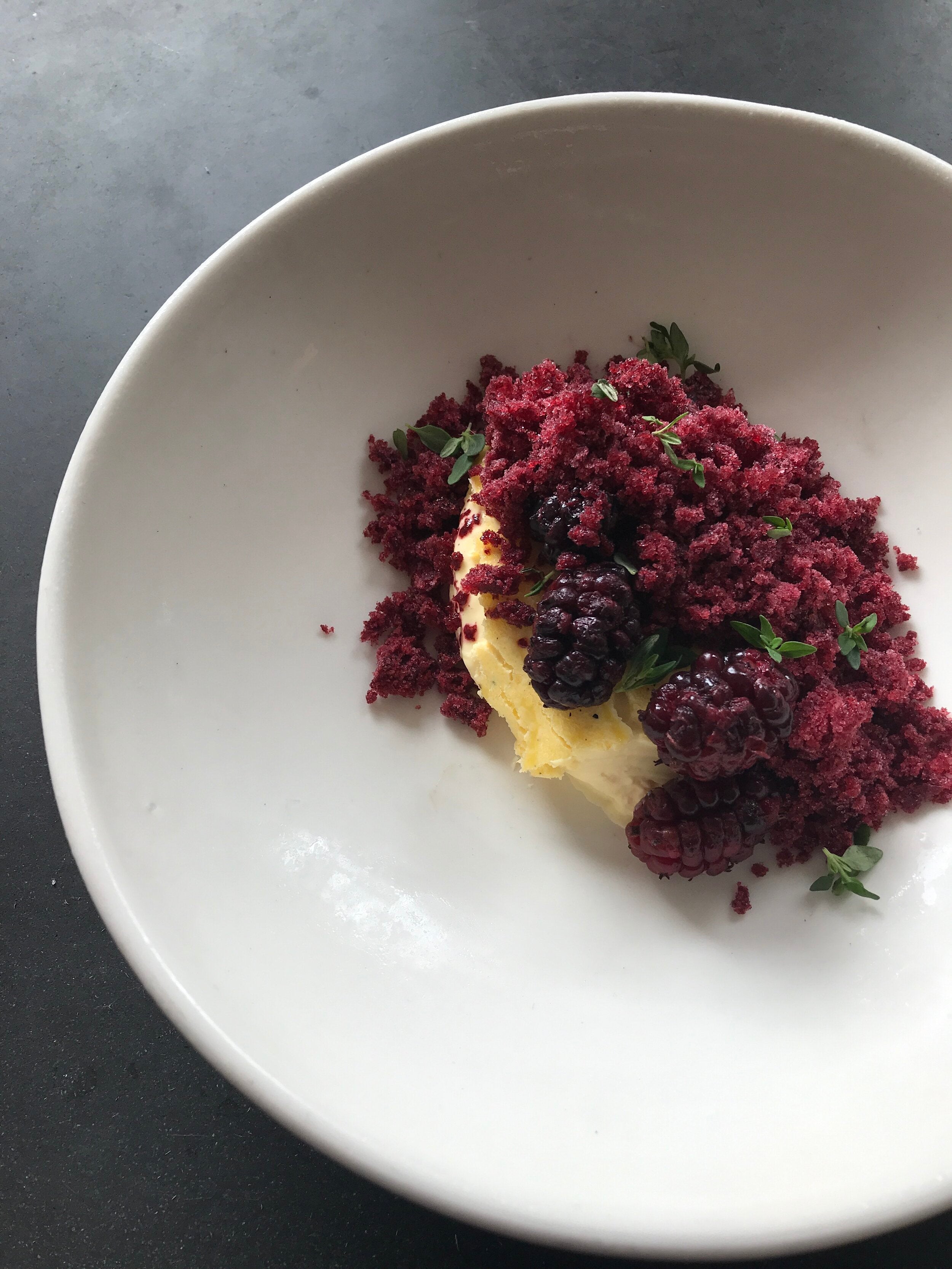 Anna’s Baked Cream with Mulberry Granita and Lemon Thyme