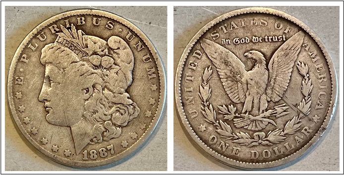 Figure 3 – 1887 Morgan silver dollar found September 2023 @ Bear Lake Coffee Co. HQ.