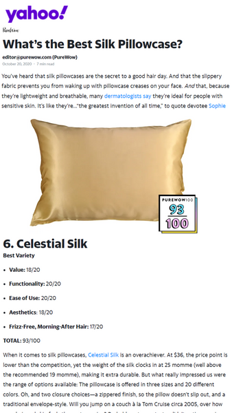 Yahoo features Celestial Silk 25 momme pillowcases